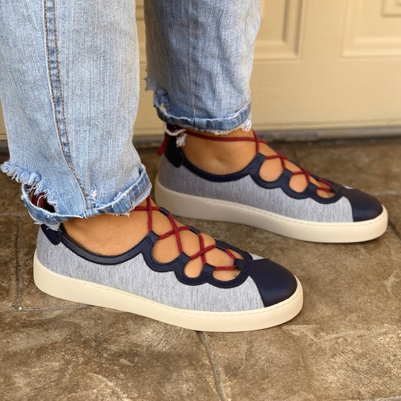 Denim Lace Up Caged Vamp Loafer Sneakers - Picture 2 of 8